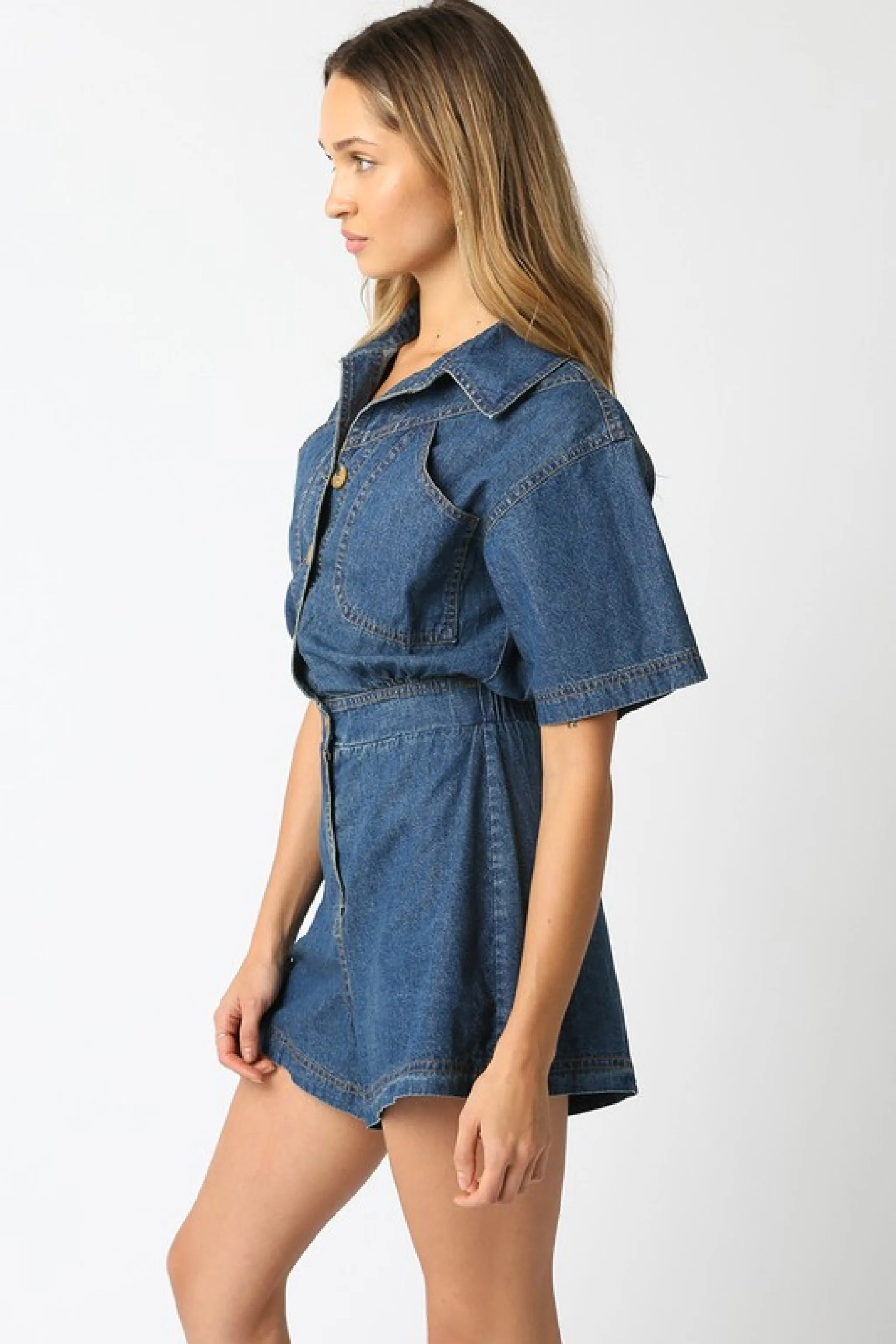 Waitlist 1/20 ♥ Madeline Short Sleeve Button Down Denim Romper Dark Wash