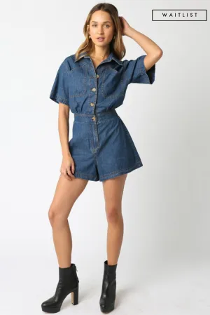 Waitlist 1/20 ♥ Madeline Short Sleeve Button Down Denim Romper Dark Wash