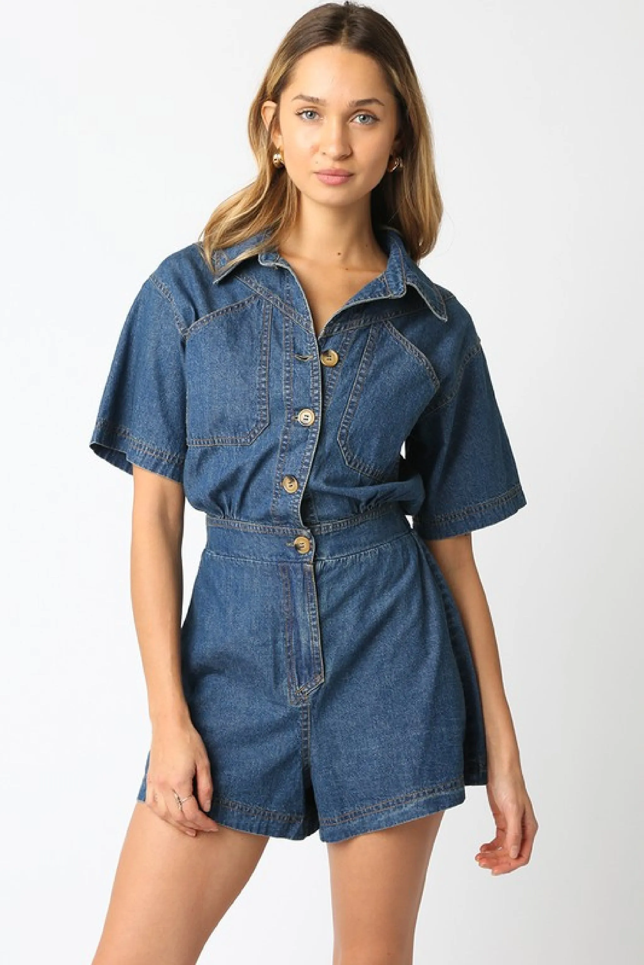 Waitlist 1/20 ♥ Madeline Short Sleeve Button Down Denim Romper Dark Wash