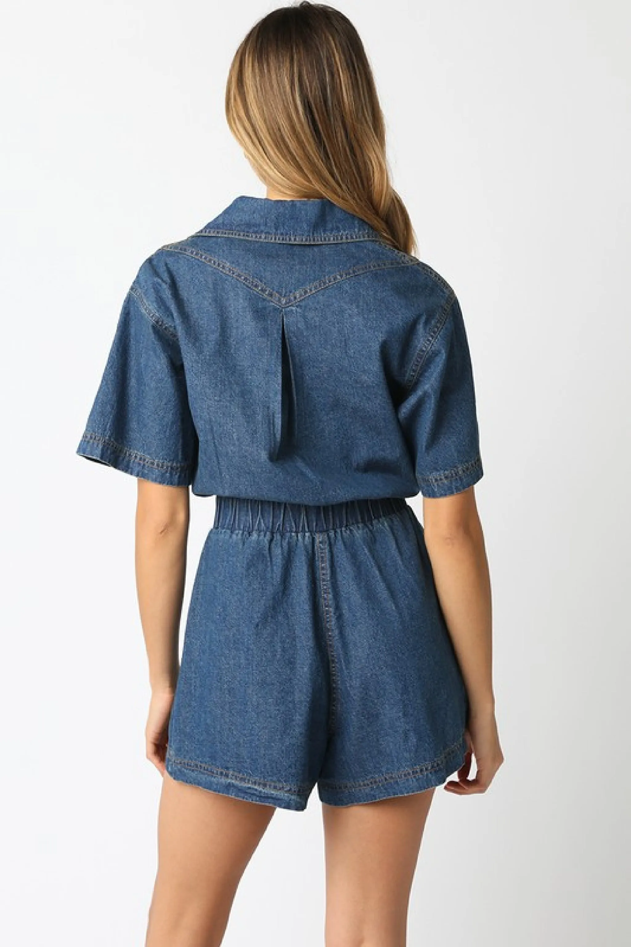 Waitlist 1/20 ♥ Madeline Short Sleeve Button Down Denim Romper Dark Wash