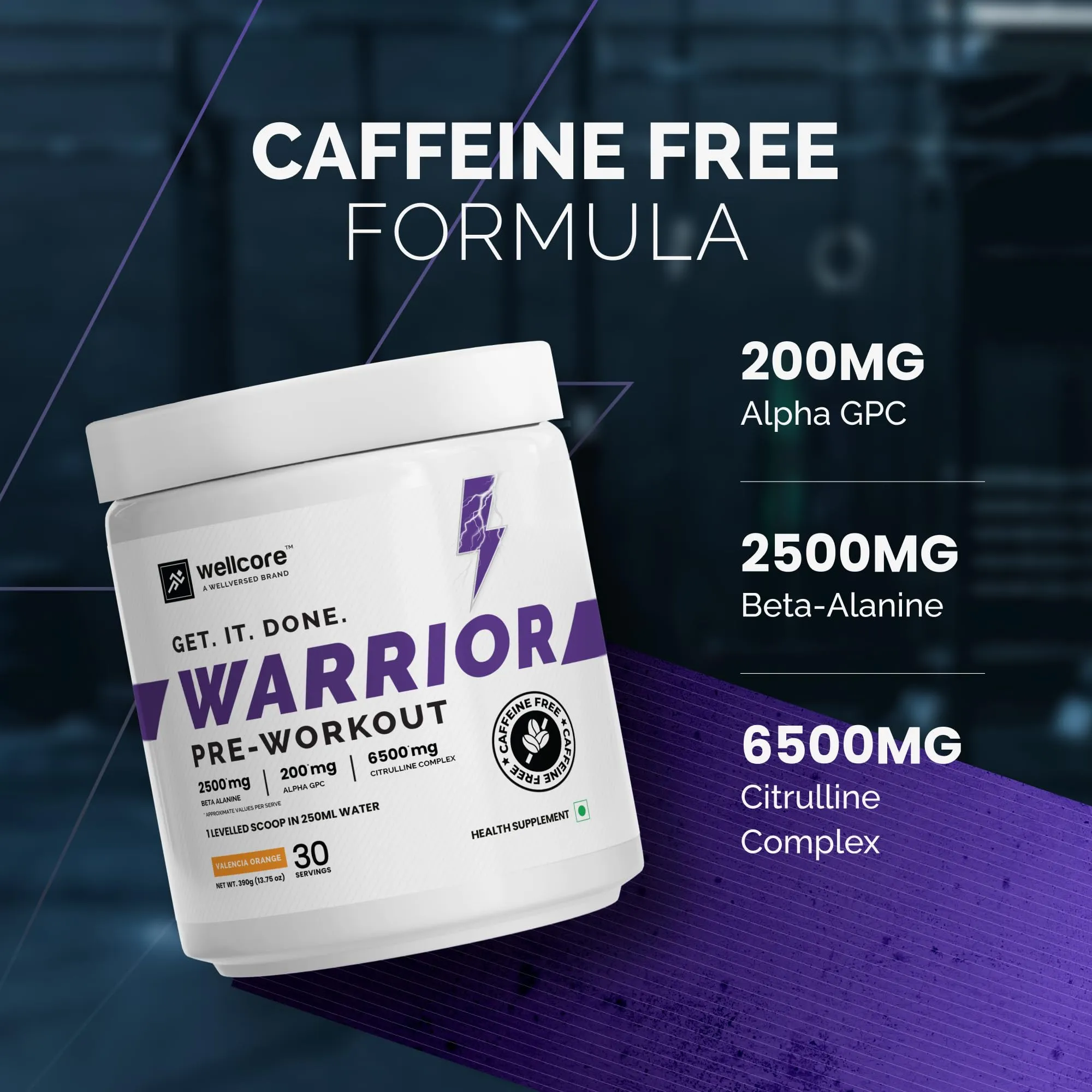 Wellcore-Warrior Pre Workout Supplement Powder(390G, 30 Servings) Valencia Orange Strongest Caffeine Free Pre Workout With 200 Mg Alpha Gpc 6500 Mg Citrulline Complex 2500 Mg Beta Alanine