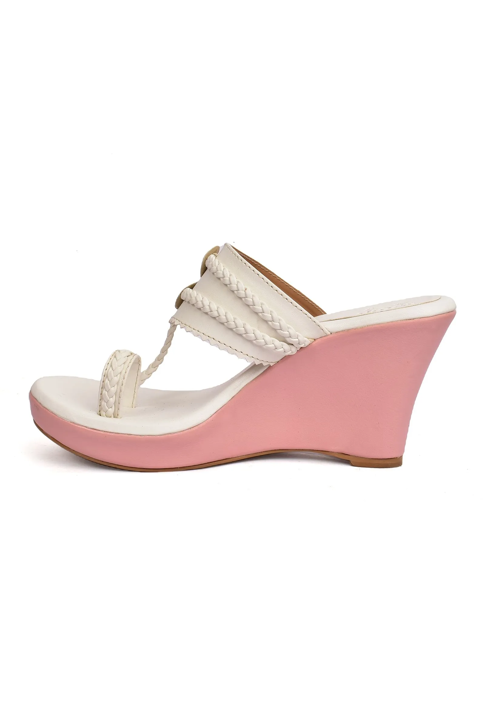 White and Pink Vegan Leather Kolhapuri Wedges