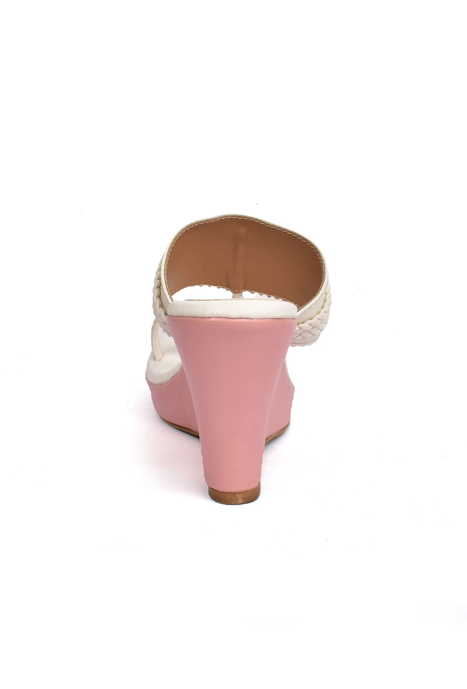 White and Pink Vegan Leather Kolhapuri Wedges