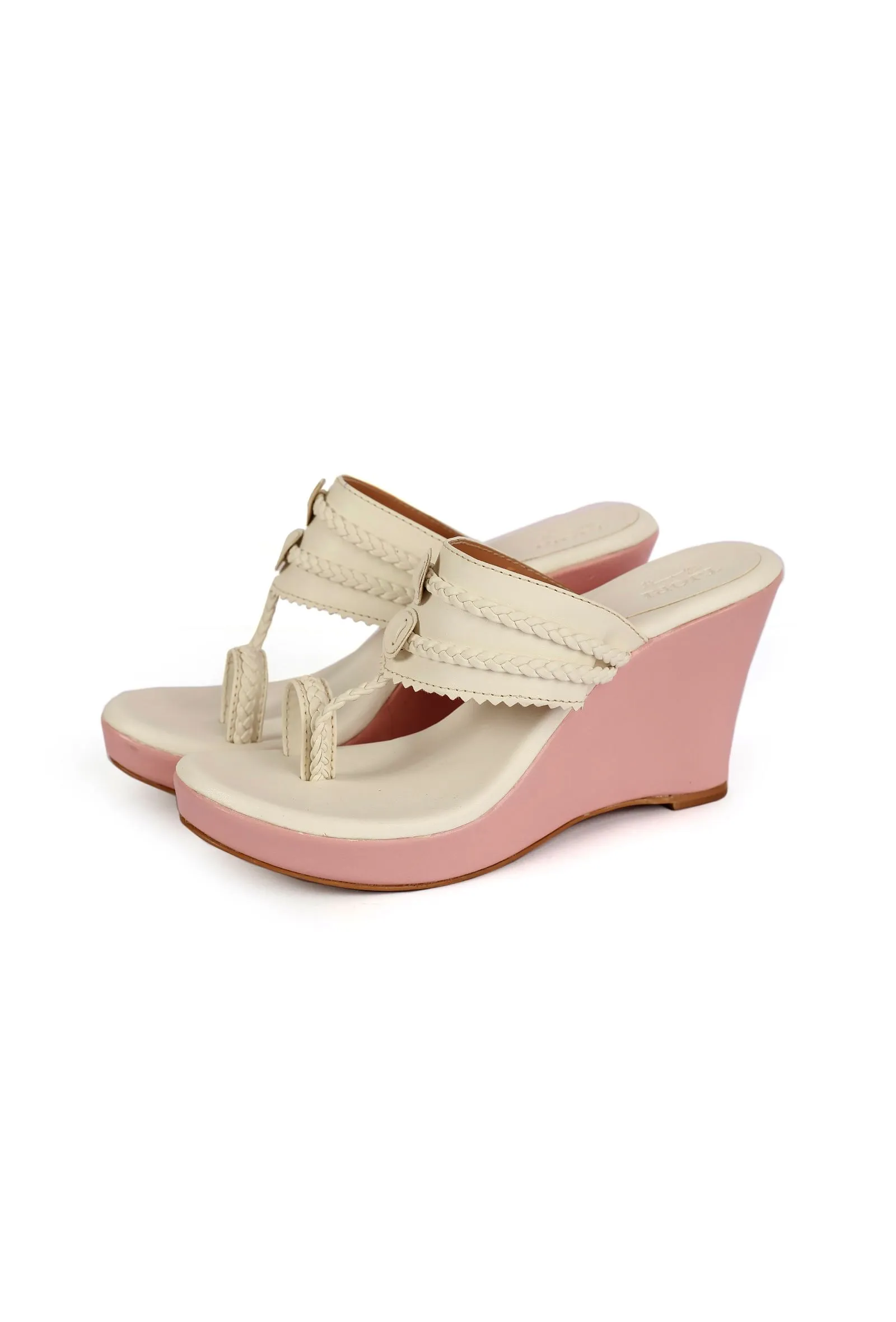 White and Pink Vegan Leather Kolhapuri Wedges