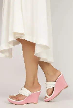 White and Pink Vegan Leather Kolhapuri Wedges