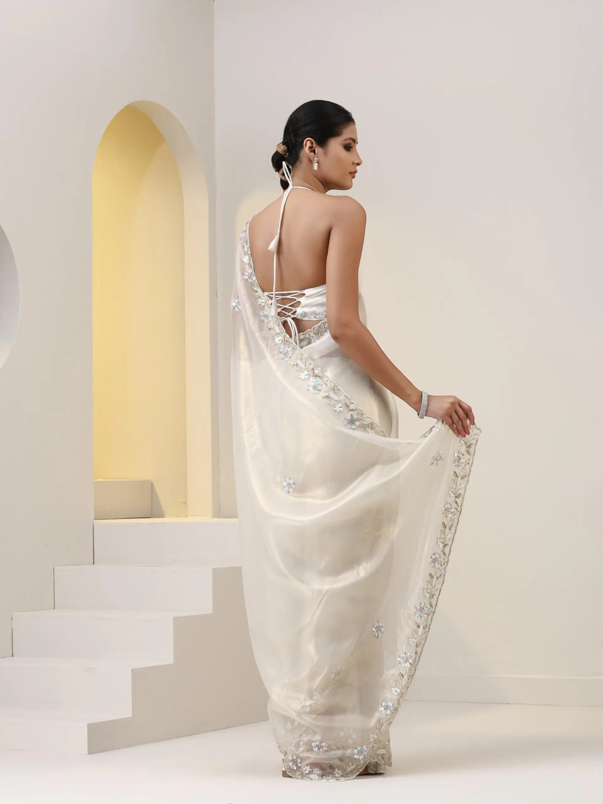 White Gold Organza Saree with Multicolour Hand Embroidery with Sequins and Beads with Blouse Fabric