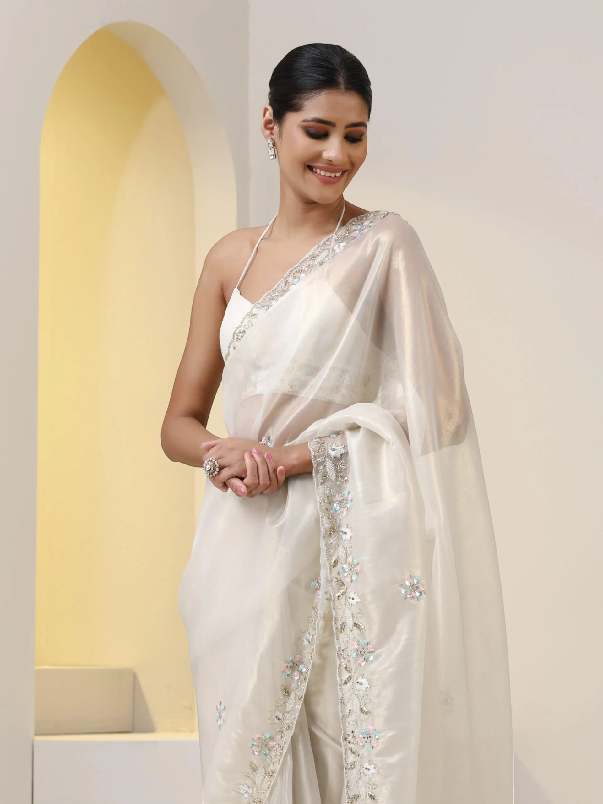 White Gold Organza Saree with Multicolour Hand Embroidery with Sequins and Beads with Blouse Fabric