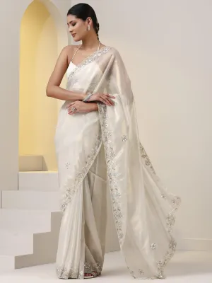 White Gold Organza Saree with Multicolour Hand Embroidery with Sequins and Beads with Blouse Fabric