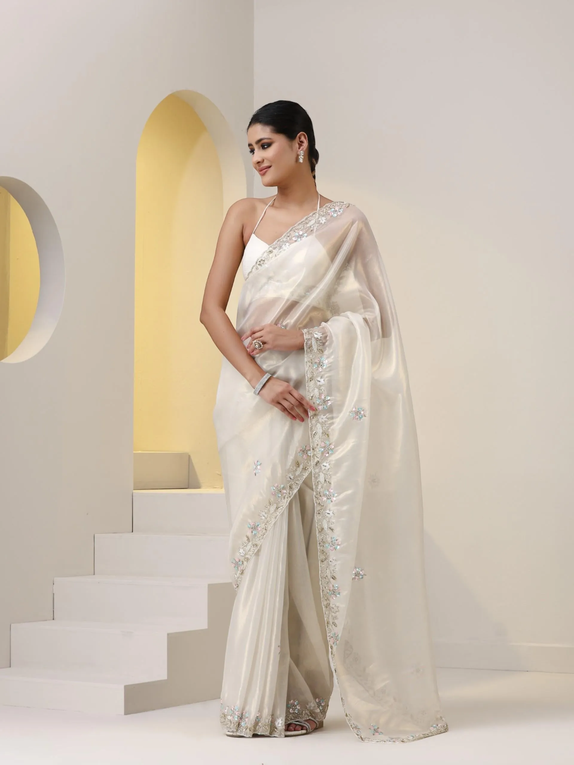 White Gold Organza Saree with Multicolour Hand Embroidery with Sequins and Beads with Blouse Fabric