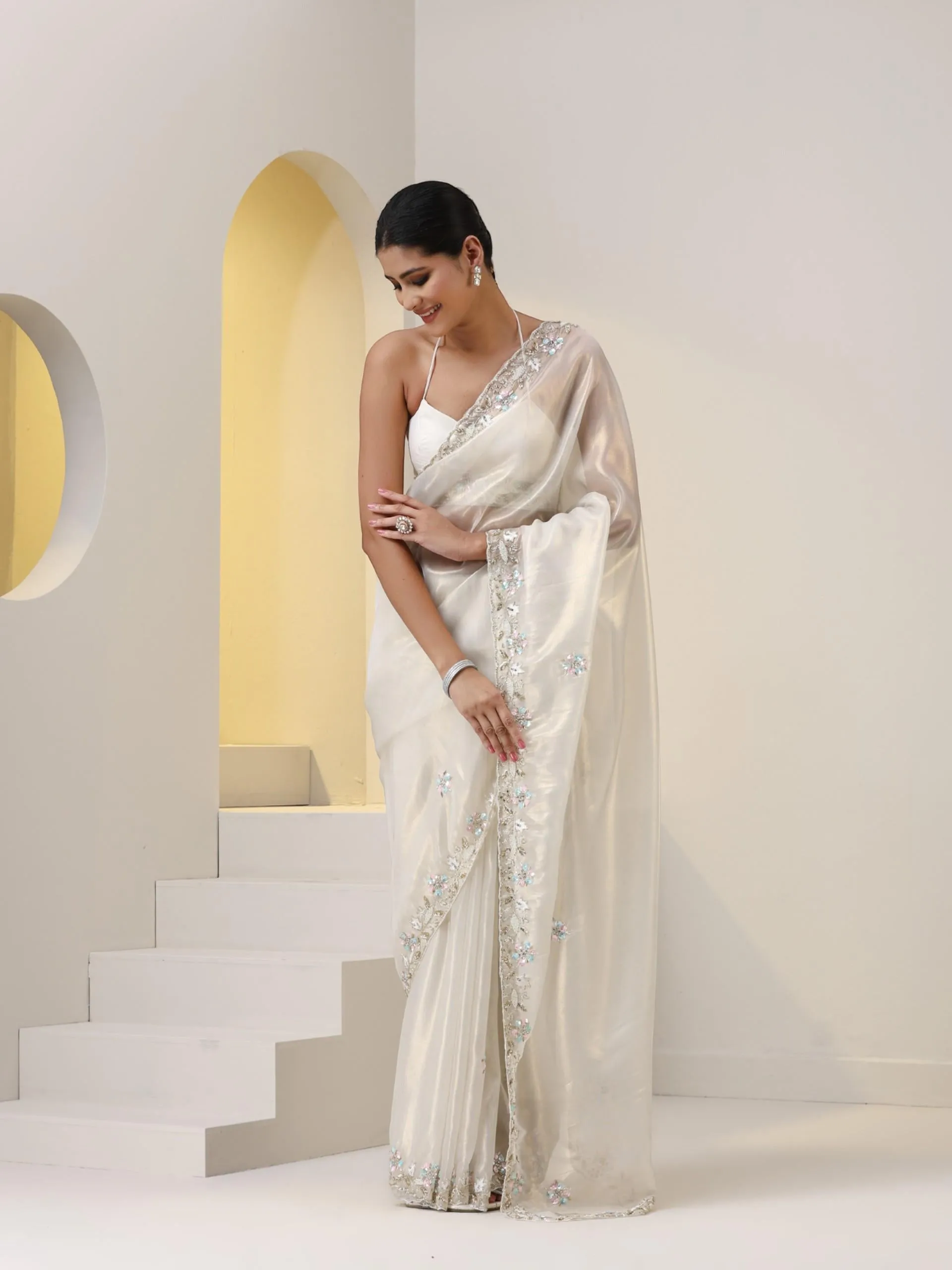 White Gold Organza Saree with Multicolour Hand Embroidery with Sequins and Beads with Blouse Fabric