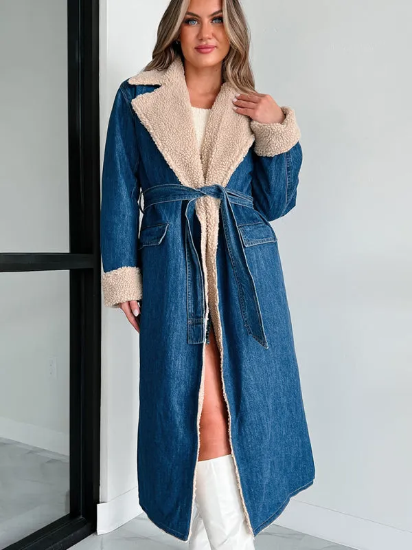 Winter Sherpa Dreams Denim Trench Coat | Denim Long Coat | Sherpa Coat | Long Denim Jacket