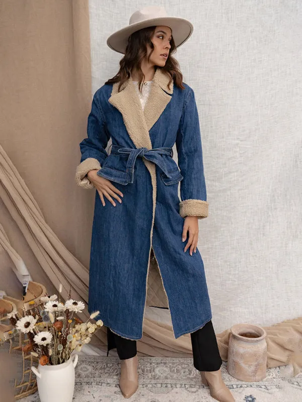 Winter Sherpa Dreams Denim Trench Coat | Denim Long Coat | Sherpa Coat | Long Denim Jacket