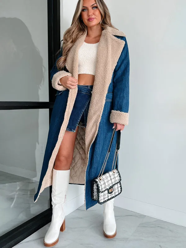 Winter Sherpa Dreams Denim Trench Coat | Denim Long Coat | Sherpa Coat | Long Denim Jacket