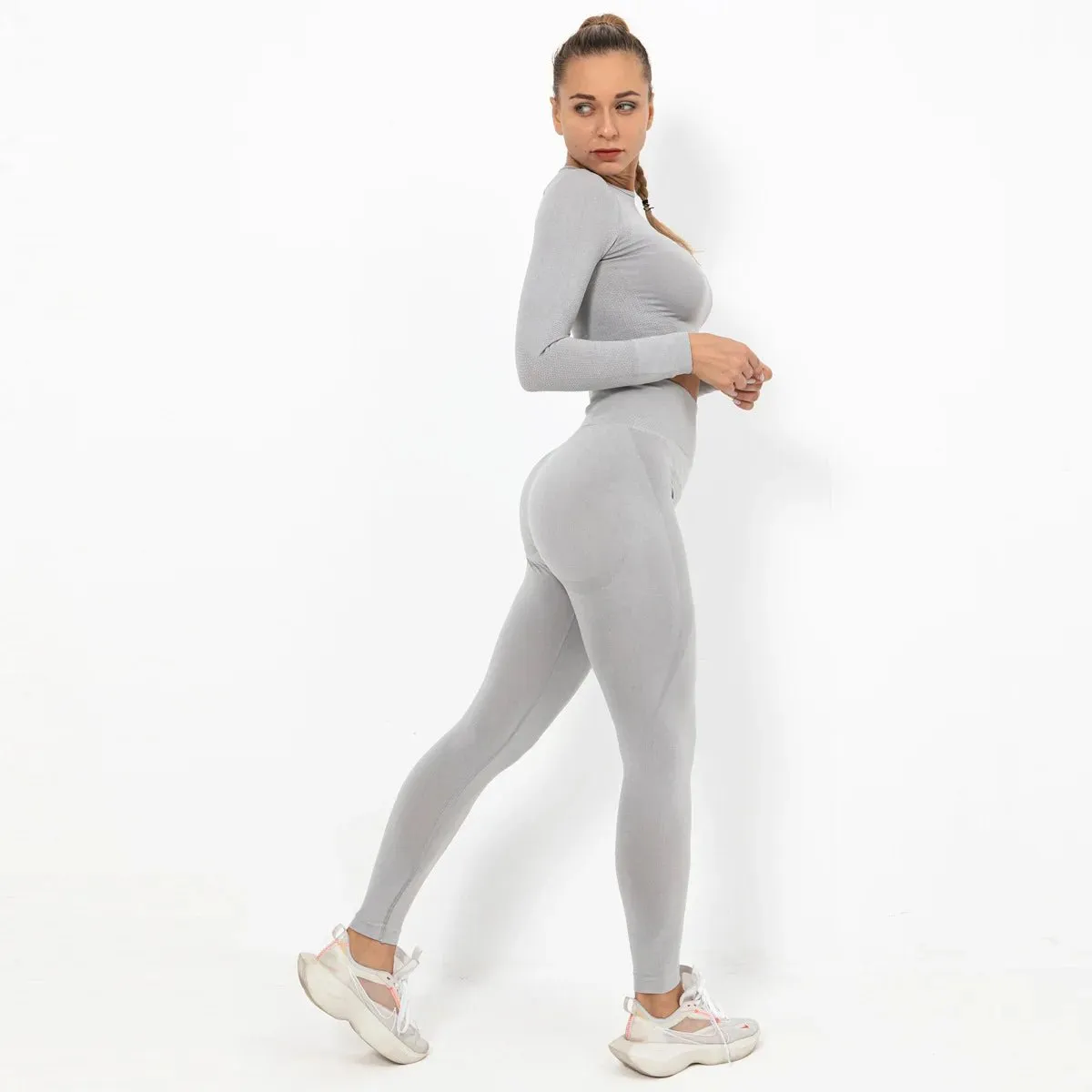 Women Seamless Long Sleeve Top And Leggings Set Yoga Workout Suit