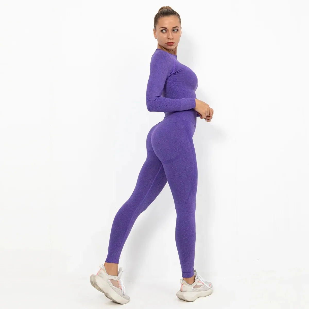 Women Seamless Long Sleeve Top And Leggings Set Yoga Workout Suit