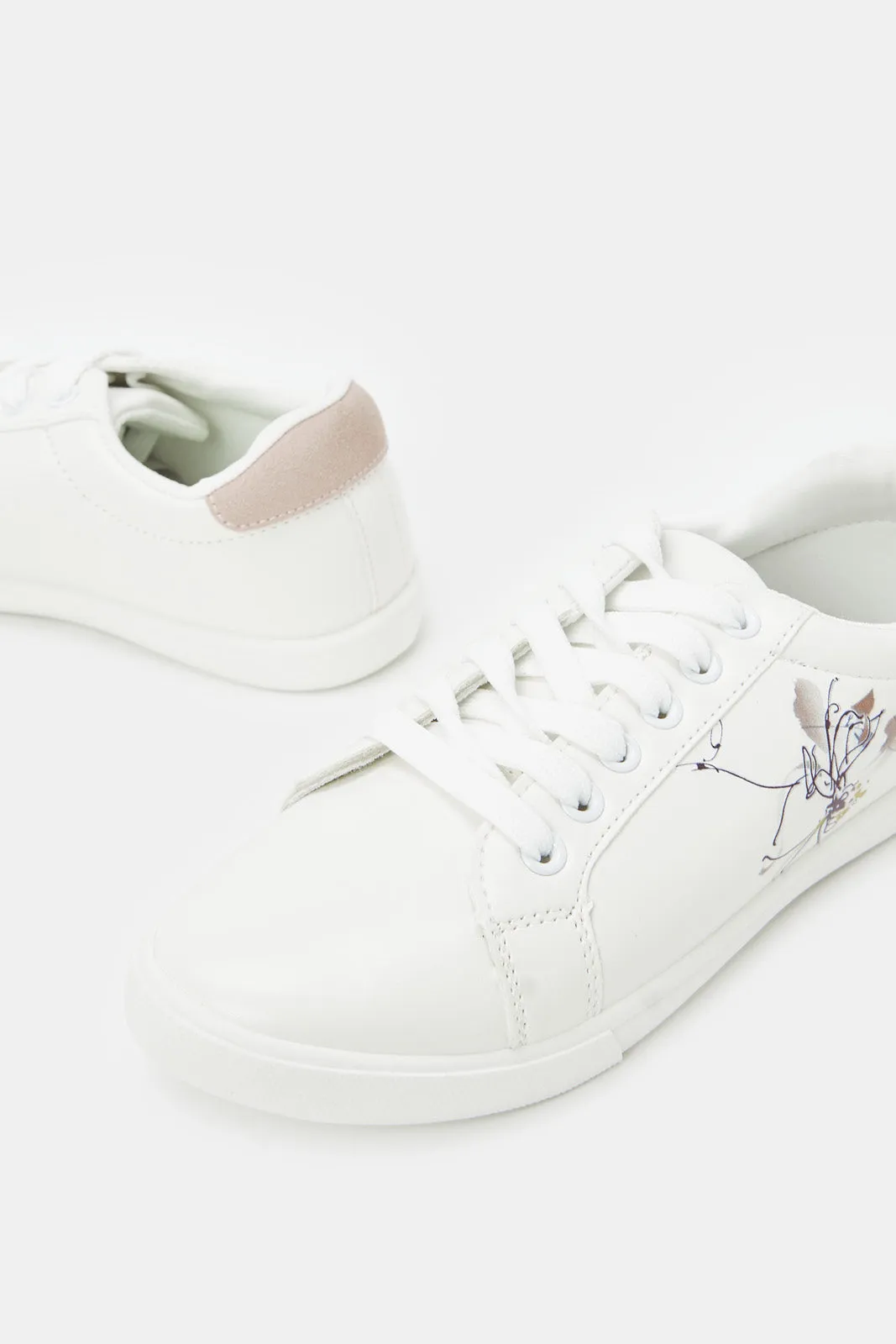 Women White Lace Up With Flower Print