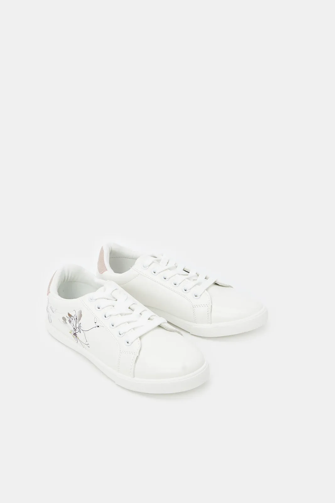 Women White Lace Up With Flower Print