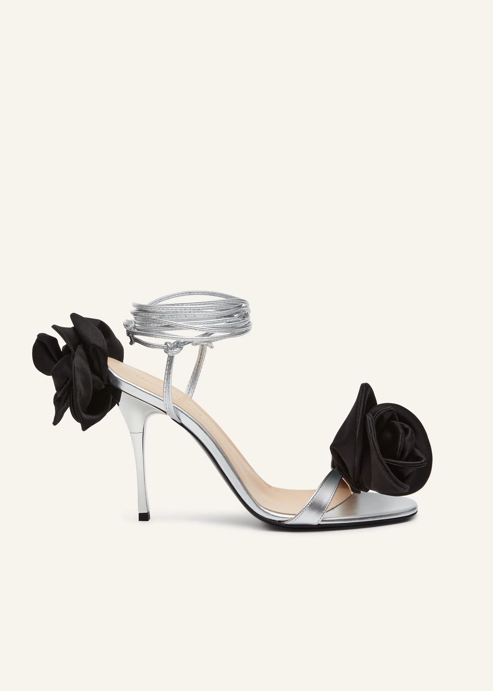 Wrap-around double-flower sandals in silver leather