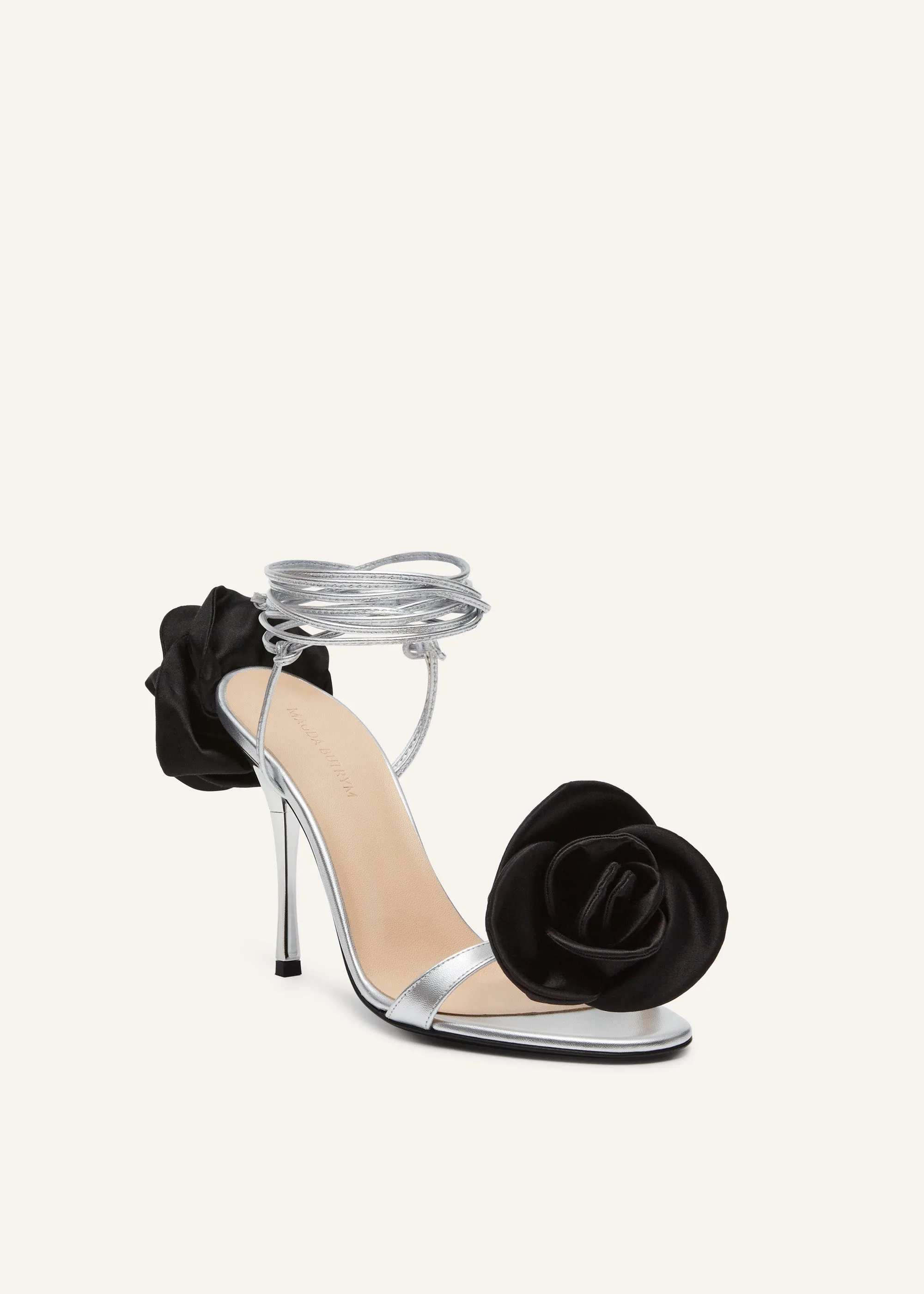 Wrap-around double-flower sandals in silver leather