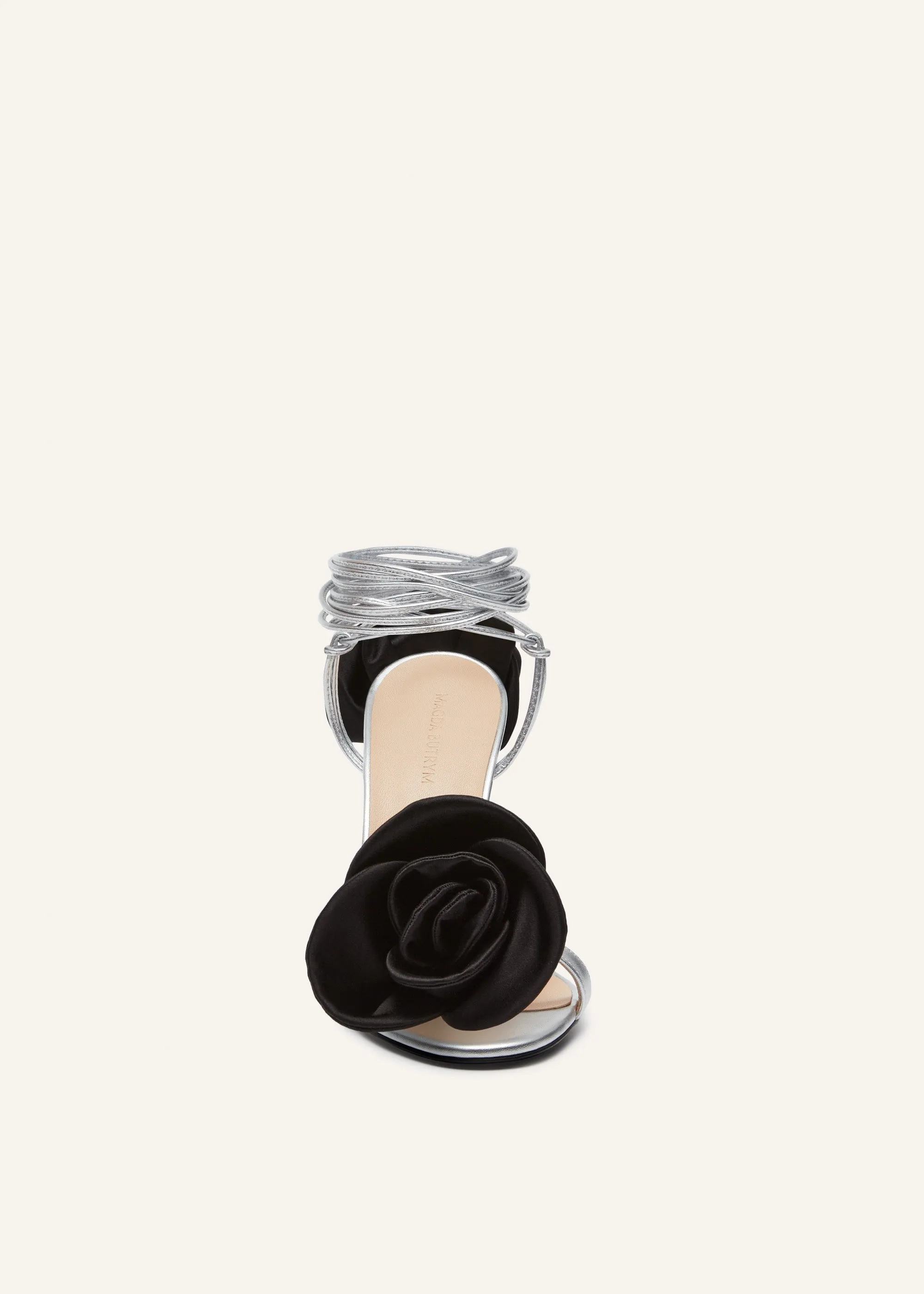 Wrap-around double-flower sandals in silver leather