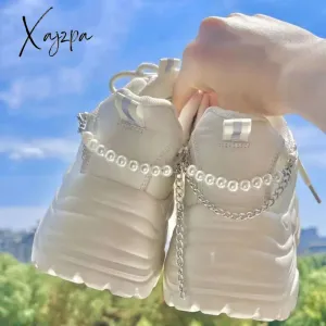 Xajzpa - Pearl Chain Platform Sneakers White Buffalo Shoes Women Vintage Chunky Sports Vulcanize Kawaii Korean Casual Tennis Female